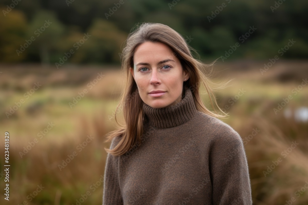 Photography in the style of pensive portraiture of a happy girl in her 30s wearing a classic turtleneck sweater against a wildlife reserve background. With generative AI technology Photography in the style of pensive portraiture of a happy girl in her 30s wearing a classic turtleneck sweater against a wildlife reserve background. With generative AI technology