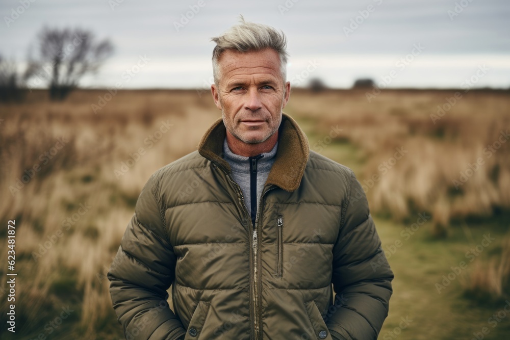 Medium shot portrait photography of a glad mature man wearing a sleek bomber jacket against a wildlife reserve background. With generative AI technology Medium shot portrait photography of a glad mature man wearing a sleek bomber jacket against a wildlife reserve background. With generative AI technology