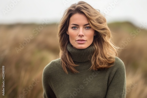 Photography in the style of pensive portraiture of a happy girl in her 30s wearing a classic turtleneck sweater against a wildlife reserve background. With generative AI technology
