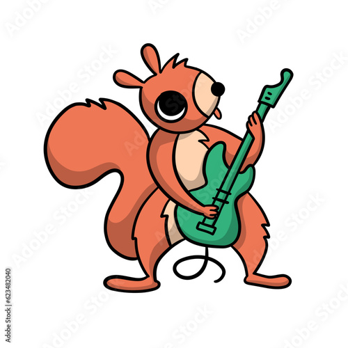 Cool squirrel character playing electric guitar. Cute baby animal. Vector contour flat hand drawn illustration.