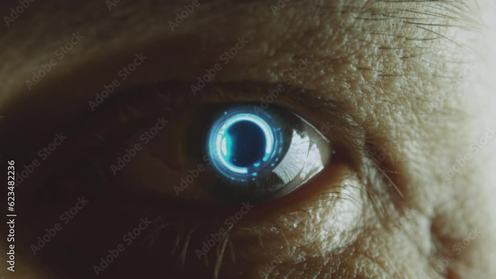 Android eye with a glowing cybernetic iris staring at the camera. Macro ...