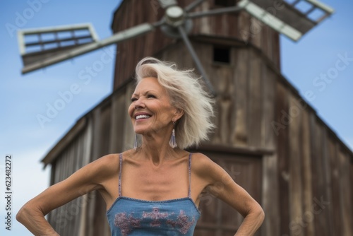 Editorial portrait photography of a happy mature woman wearing a daring bikini against a rustic windmill background. With generative AI technology