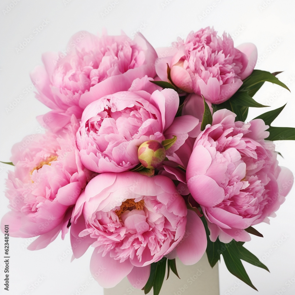 Natural beautiful flowers pink peonies with green leaves on a white background, Generative AI, generative artificial intelligence