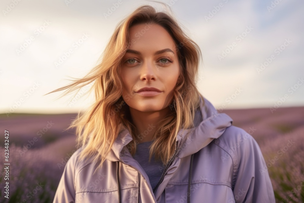 Urban fashion portrait photography of a glad girl in her 30s wearing a lightweight windbreaker against a lavender field background. With generative AI technology