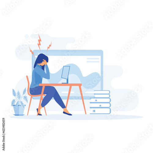 Stressed or frustration concept, Woman with headache, migraine, holding her head,  flat vector modern illustration