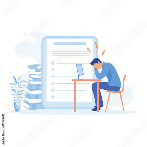 Stress in the office, Tired and exasperated office worker is grabbed his head among piles of papers and documents,  flat vector modern illustration