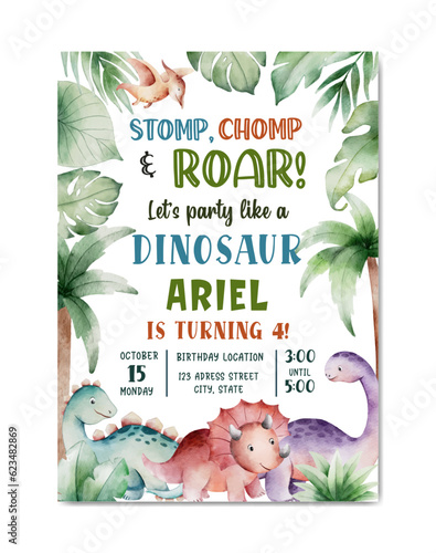 Birthday invitation card with dinosaur theme watercolor background template