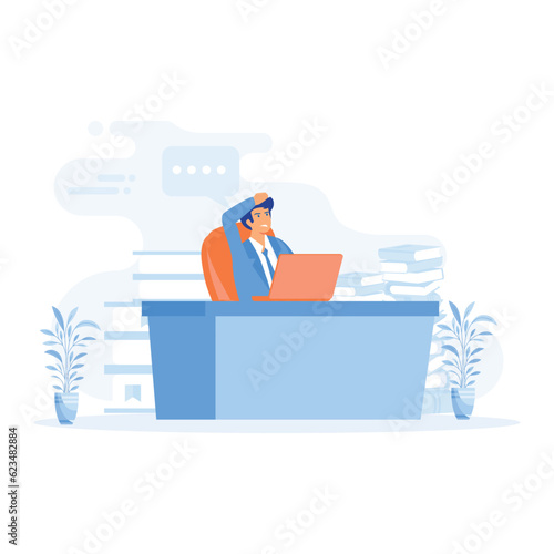 deadline concept, Manager sitting at computer desk with stack of documents,  flat vector modern illustration 
