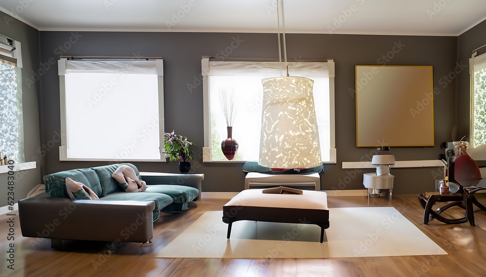 Modern interior of open space with design modular sofa, furniture, coffee table, pillows, and elegant personal accessories in stylish home decoration Modern interior of open space with design modular sofa, furniture, coffee table, pillows, and elegant personal accessories in stylish home decoration