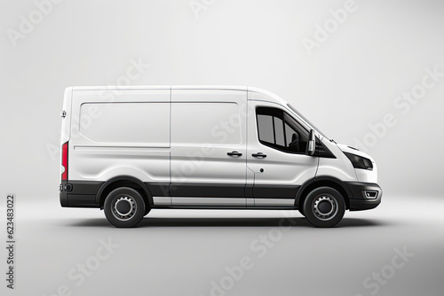 White commercial vehicle on a gray background. Generative ai.