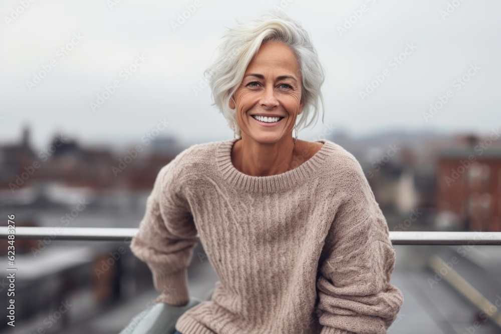 Studio portrait photography of a glad mature woman wearing a cozy sweater against a rooftop terrace background. With generative AI technology Studio portrait photography of a glad mature woman wearing a cozy sweater against a rooftop terrace background. With generative AI technology