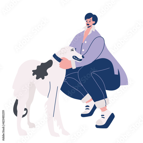 Female dog walker vector illustration. Pet care service concept.