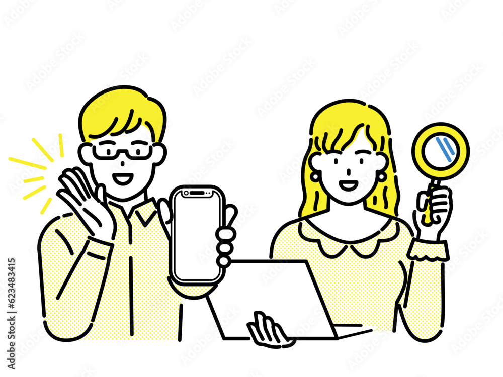 Man and woman with smartphone and laptop, online marketing business concept. Man and woman with smartphone and laptop, online marketing business concept.