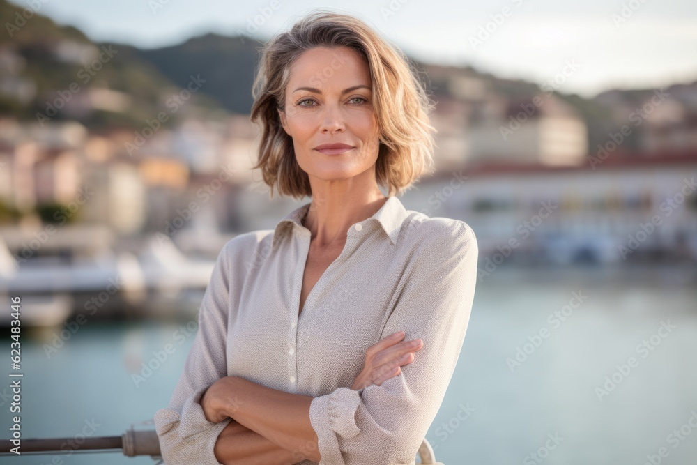 Studio portrait photography of a satisfied mature girl wearing an elegant long-sleeve shirt against a picturesque harbor background. With generative AI technology