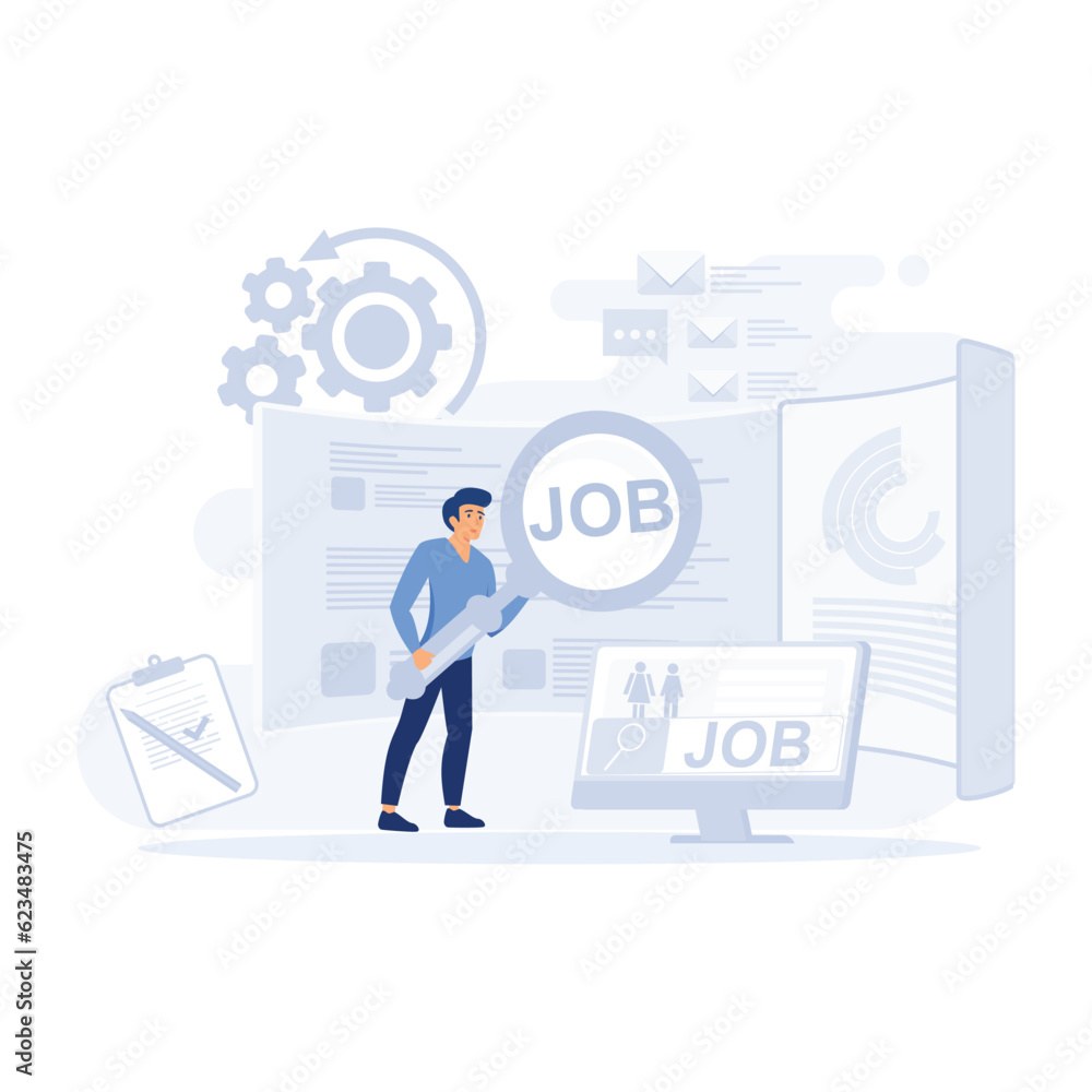 Find Job Online, Unemployed Character Look for Information with Tool. flat vector modern illustration Find Job Online, Unemployed Character Look for Information with Tool. flat vector modern illustration