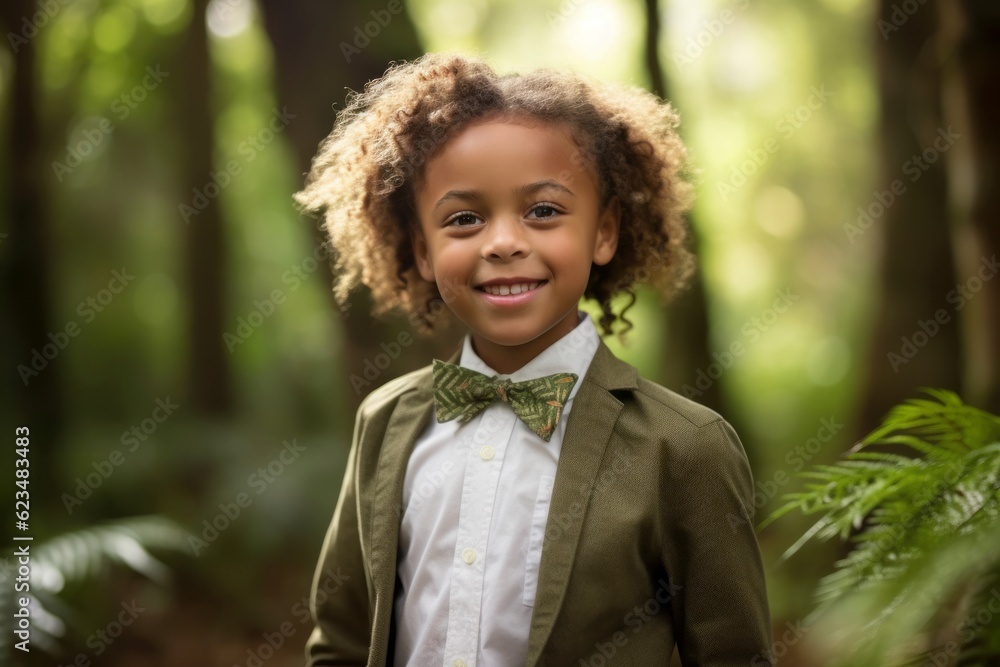 Editorial portrait photography of a happy kid female wearing a classy button-up shirt against a moss-covered forest background. With generative AI technology