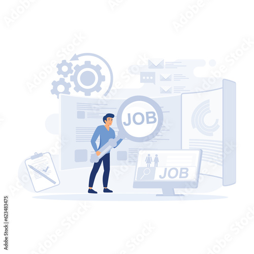 Find Job Online, Unemployed Character Look for Information with Tool. flat vector modern illustration © Alwie99d