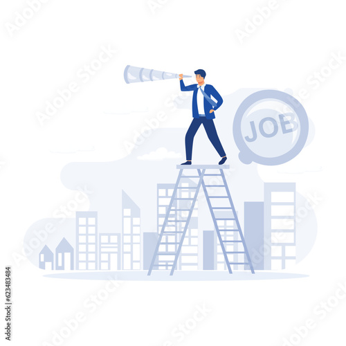 Looking for new job, businessman climb a ladder on job search bar with binocular to see opportunity, flat vector modern illustration