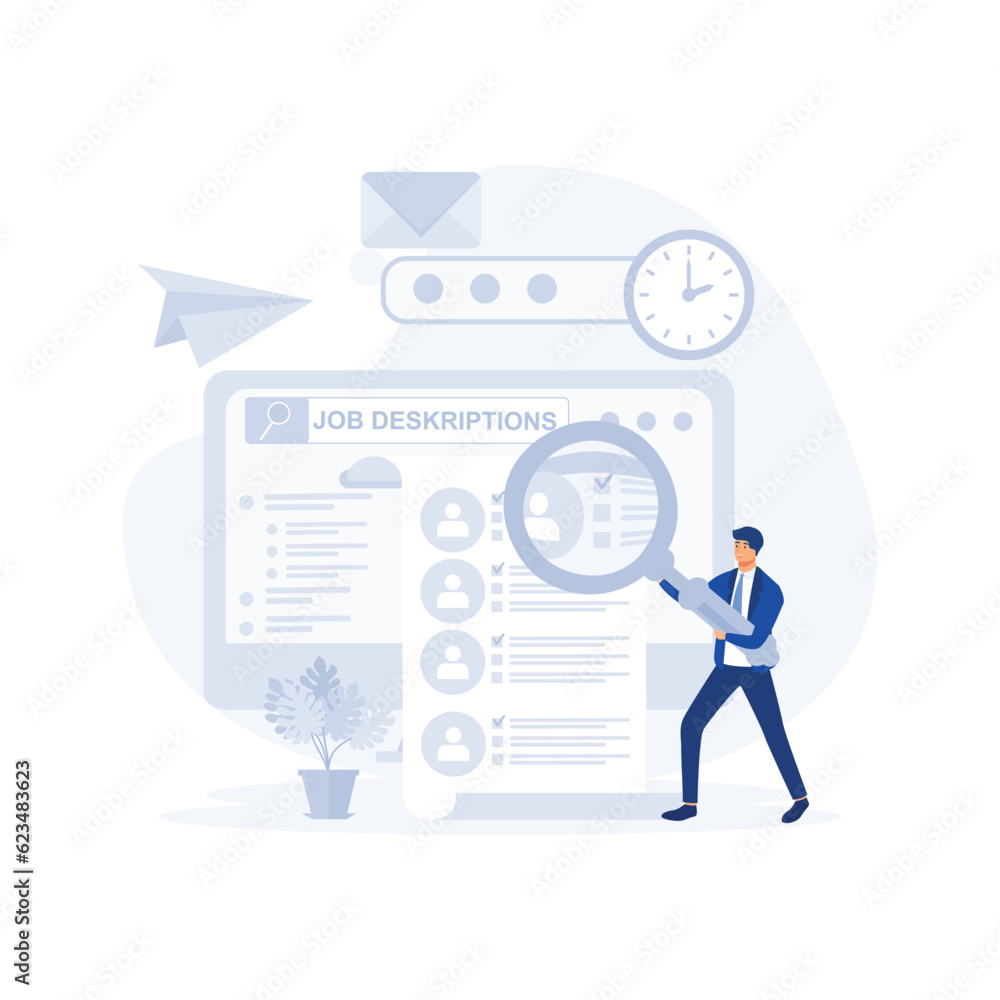 Finding the right job concept, Unemployment person hold magnifying glass to look at job description, flat vector modern illustration Finding the right job concept, Unemployment person hold magnifying glass to look at job description, flat vector modern illustration