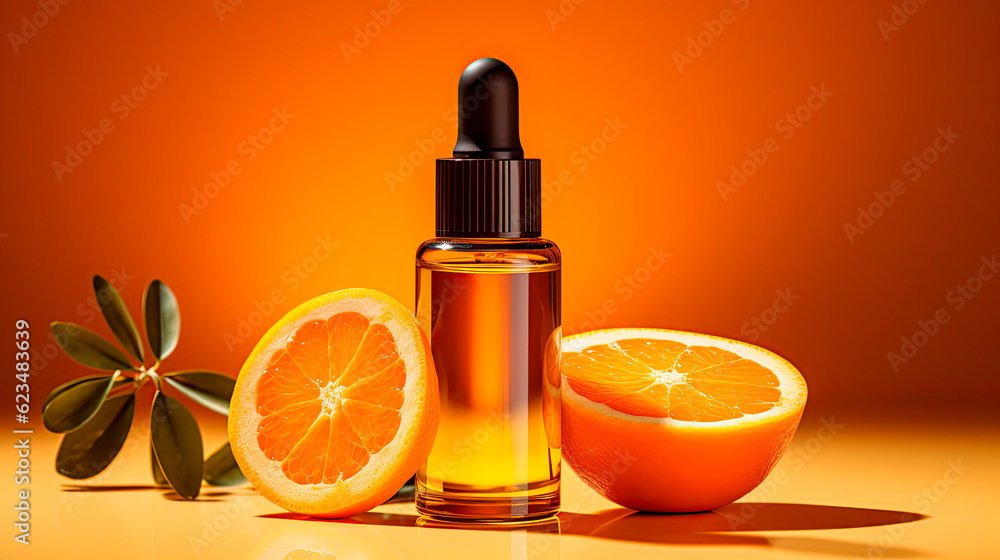 Cosmetic Brown Glass Vial with Dropper and Fresh Juicy Orange Fruit Slice on Orange Background. Cosmetic Brown Glass Vial with Dropper and Fresh Juicy Orange Fruit Slice on Orange Background.