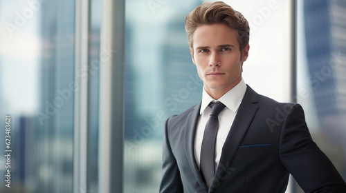 A close-up of a confident businessman/woman in a sleek suit, standing against a glass skyscraper Generative AI