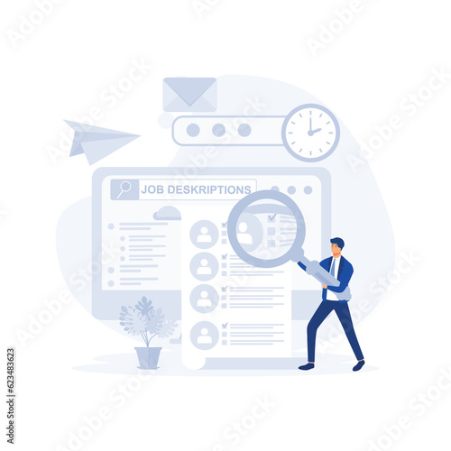 Finding the right job concept, Unemployment person hold magnifying glass to look at job description, flat vector modern illustration 