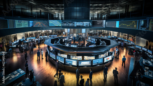 An aerial shot of a bustling stock exchange floor, capturing the intensity and energy of financial markets Generative AI photo