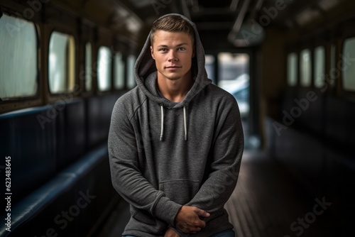 Studio portrait photography of a tender boy in his 30s wearing a cozy zip-up hoodie against a historic train background. With generative AI technology