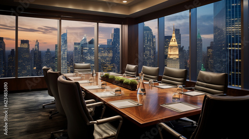 An elegant executive boardroom with a long conference table and panoramic city views Generative AI