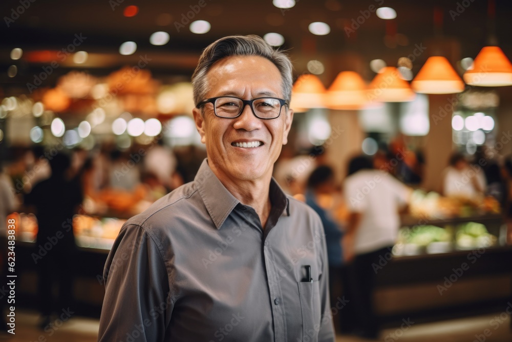 Lifestyle portrait photography of a grinning mature man wearing an elegant long-sleeve shirt against a bustling food court background. With generative AI technology Lifestyle portrait photography of a grinning mature man wearing an elegant long-sleeve shirt against a bustling food court background. With generative AI technology