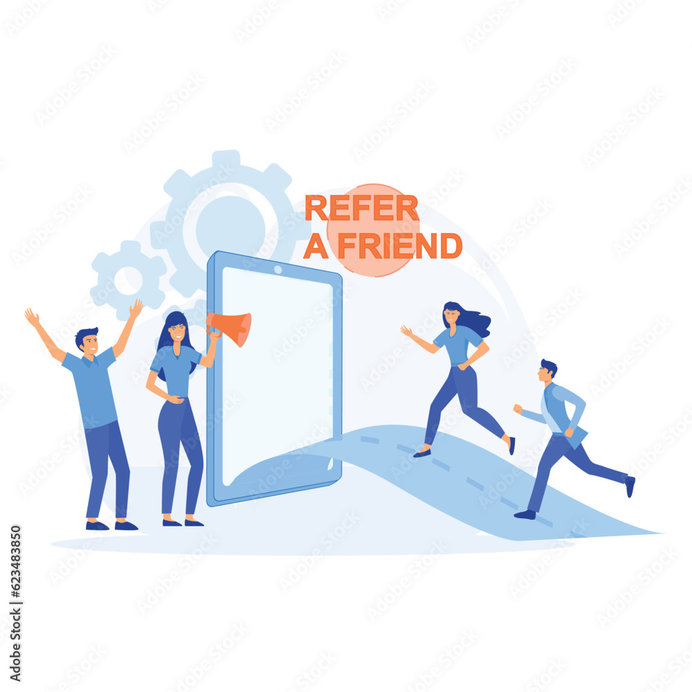 Refer a friend concept, Man and Women get out of the smartphone with megaphones to refer a friend, flat vector modern illustration Refer a friend concept, Man and Women get out of the smartphone with megaphones to refer a friend, flat vector modern illustration