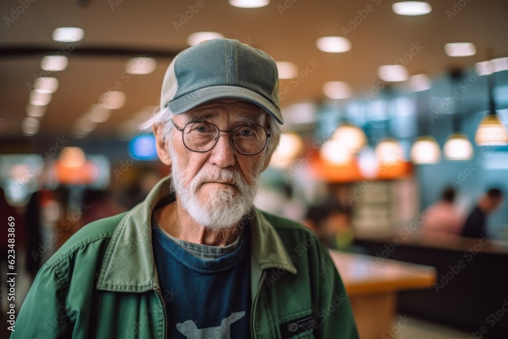 Close-up portrait photography of a tender old man wearing a cool cap against a bustling food court background. With generative AI technology Close-up portrait photography of a tender old man wearing a cool cap against a bustling food court background. With generative AI technology