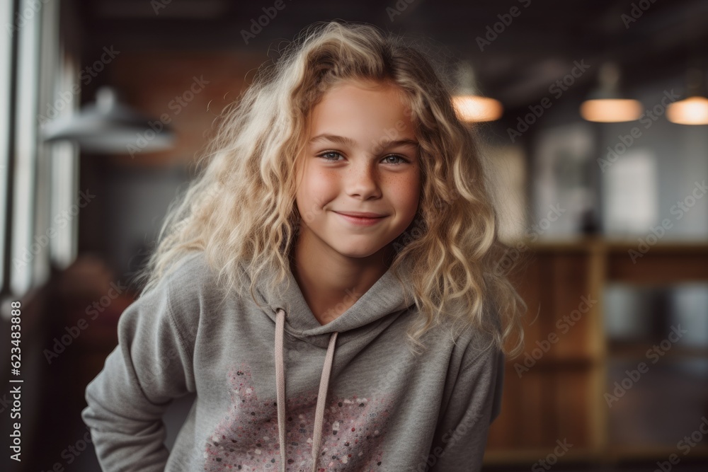 Eclectic portrait photography of a grinning kid female wearing a stylish hoodie against a spacious loft background. With generative AI technology Eclectic portrait photography of a grinning kid female wearing a stylish hoodie against a spacious loft background. With generative AI technology