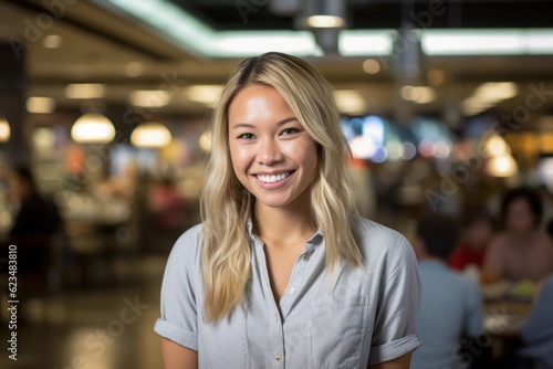 Sports portrait photography of a satisfied girl in her 30s wearing a classy button-up shirt against a bustling food court background. With generative AI technology