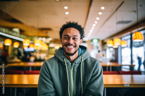 Sports portrait photography of a grinning boy in his 30s wearing a cozy sweater against a bustling food court background. With generative AI technology