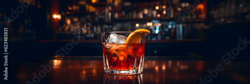 Old-fashioned drink at bar with a slice of orange, cherry and ice, a classic alcoholic drink