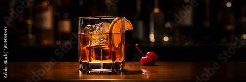 Old-fashioned drink at bar with a slice of orange, cherry and ice, a classic alcoholic drink