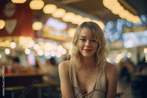 Photography in the style of pensive portraiture of a joyful mature girl wearing a intimate apparel against a bustling food court background. With generative AI technology