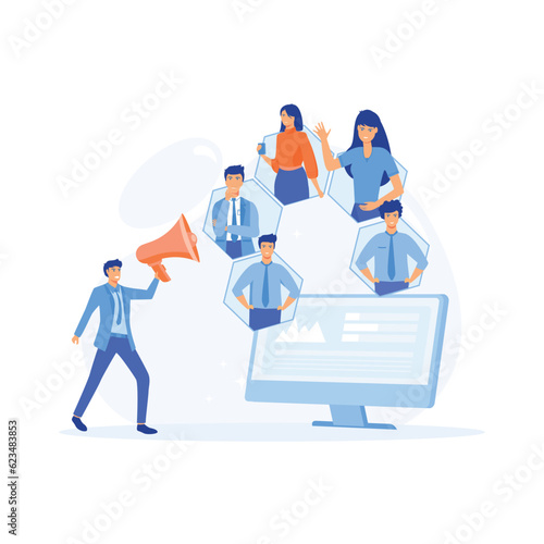 Refer A Friend Concept, Social media marketing, Man tell his friends about action and all benefited, flat vector modern illustration 