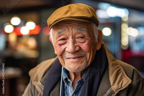 Close-up portrait photography of a tender old man wearing a cool cap against a bustling food court background. With generative AI technology © Markus Schröder