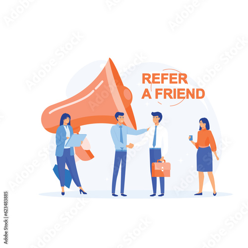 Refer A Friend Concept,  People near megaphone with Referral program word, flat vector modern illustration