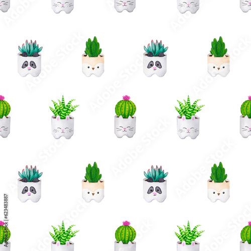 Seamless pattern with cacti and succulents in ceramic pots on a white background. Watercolor botanical ornament for packaging, wrapping, stationery, fabric, textile. Festive, birthday design.
