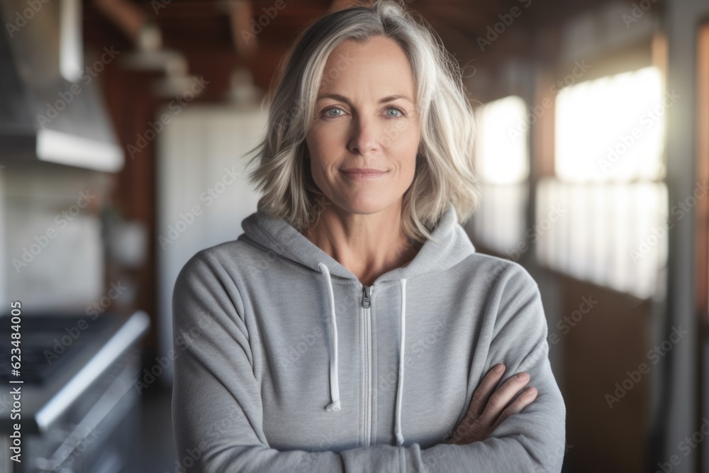 Editorial portrait photography of a glad mature girl wearing a cozy zip-up hoodie against a spacious loft background. With generative AI technology Editorial portrait photography of a glad mature girl wearing a cozy zip-up hoodie against a spacious loft background. With generative AI technology