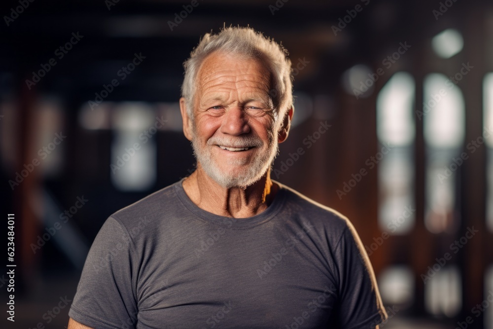 Sports portrait photography of a happy old man wearing a casual t-shirt against a spacious loft background. With generative AI technology