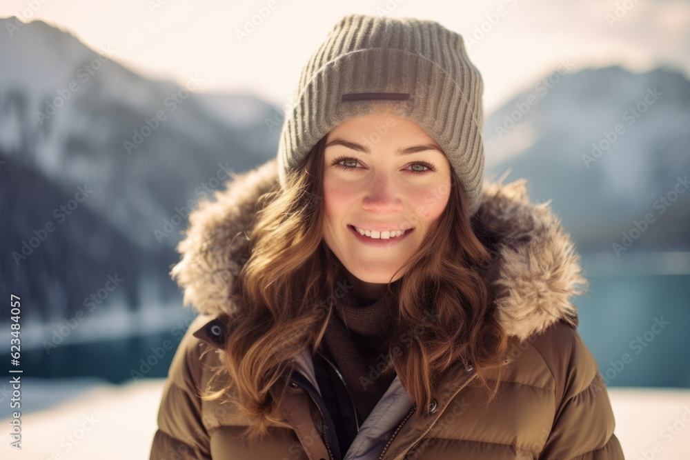 Close-up portrait photography of a satisfied girl in her 30s wearing a cozy winter coat against a serene snow-capped mountain background. With generative AI technology