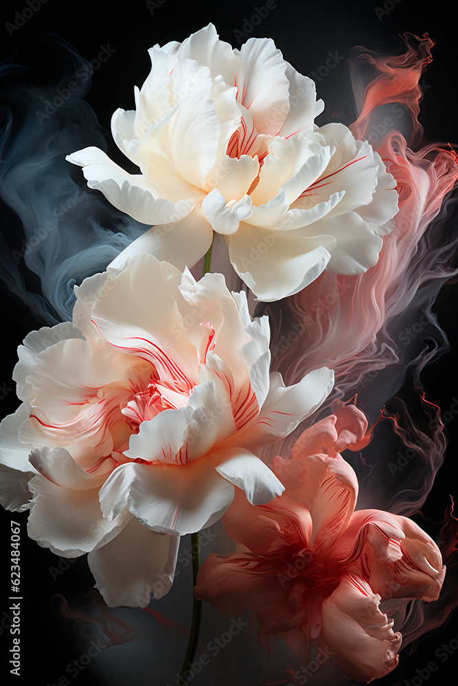 Red and white tulips in smoke. Ai generation