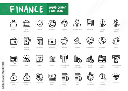 Finance hand writting line web icon set. Outline icons collection. Simple vector illustration. Finance, money, payment.