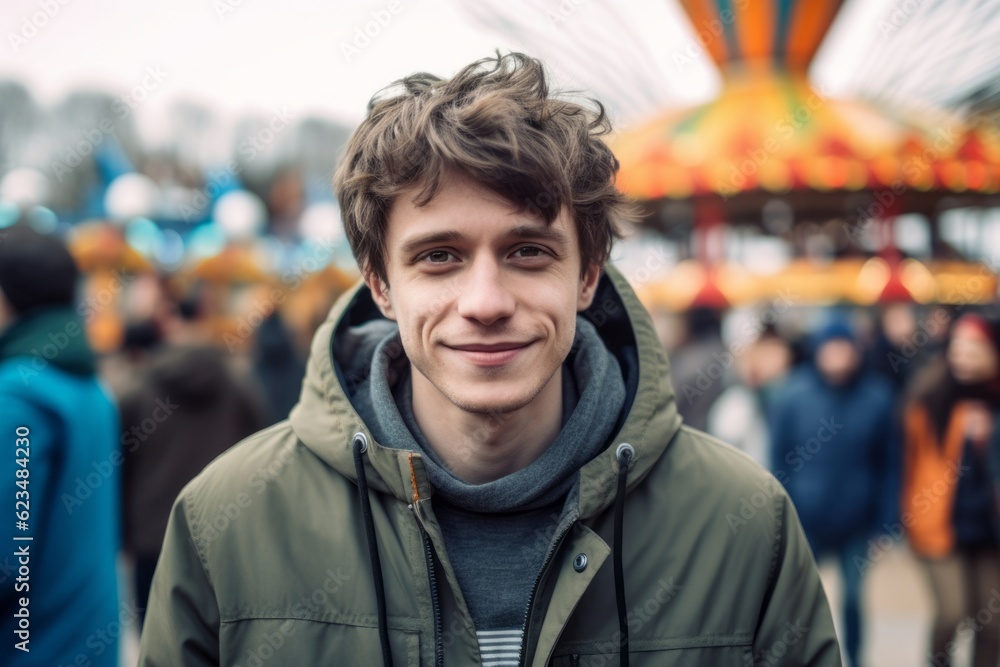 Close-up portrait photography of a glad boy in his 30s wearing a cozy zip-up hoodie against a crowded amusement park background. With generative AI technology Close-up portrait photography of a glad boy in his 30s wearing a cozy zip-up hoodie against a crowded amusement park background. With generative AI technology