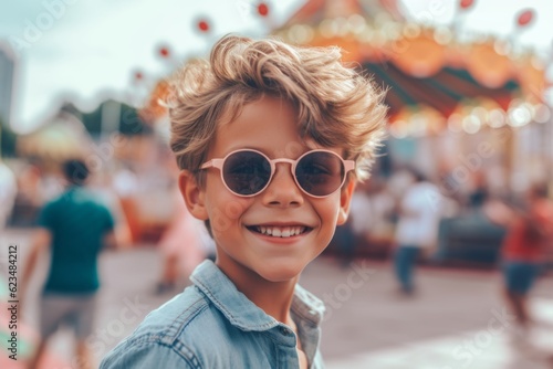 Close-up portrait photography of a glad kid male wearing a trendy sunglasses against a crowded amusement park background. With generative AI technology