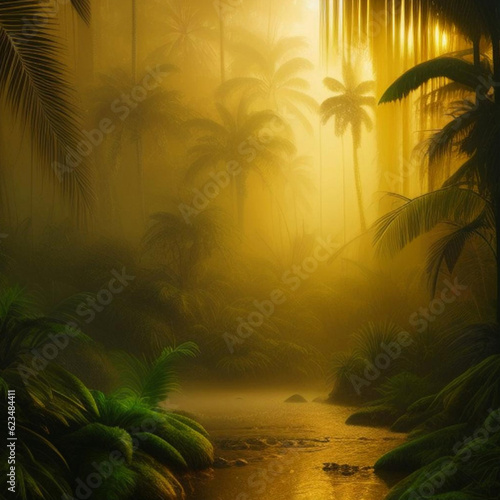 Misty scene of a stream running through a tropical rain forest.  Generative AI